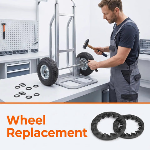 A person using 10 Pack Push-On Dolly Wheel Lock Washers For Five-Eighths Inch Dollies Axles on a handcart in a workshop.