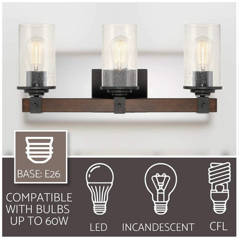 3-Light Farmhouse Vanity Light, 23 Inches, Black Textured Finish With Seeded Glass Shades And Walnut Wood Bar, Rustic Modern Vibe Bathroom Lighting