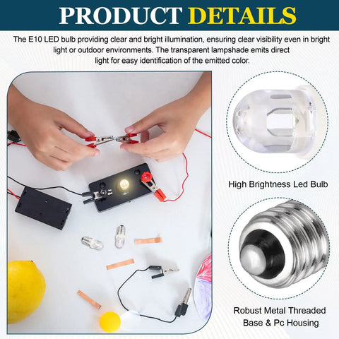 6 Piece E10 Mini LED Bulbs DC 4.5 To 5 Volts At 0.2 Watts Delivering A Slick White Glow showcased in hands assembling a circuit.