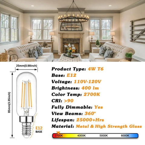 LED Candelabra Bulbs 40W Equivalent Dimmable 2700K Warm White Clear T6 Vintage Filament 4W 400lm E12 Small Bulbs for Chandeliers