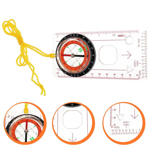 Multifunction Hiking Compass With Measuring Scale And Ruler For Outdoor Navigation, pocket size with yellow lanyard.