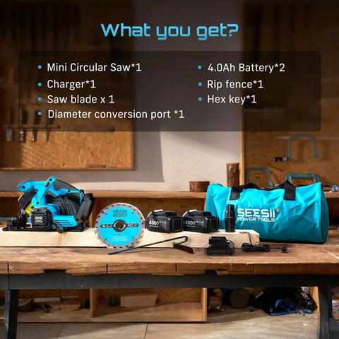 Heavy Duty 6-1/2 Inch Cordless Circular Saw Featuring Twin 21V 8000 Mah Battery Set And Rapid Charger Kit on a workbench with accessories.