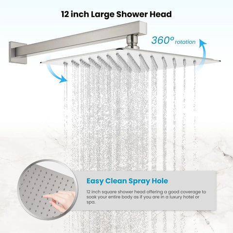 Chrome Polished Shower Faucet Set With 12 Inch Square Rainfall Showerhead in use, showing water flow and easy clean spray holes