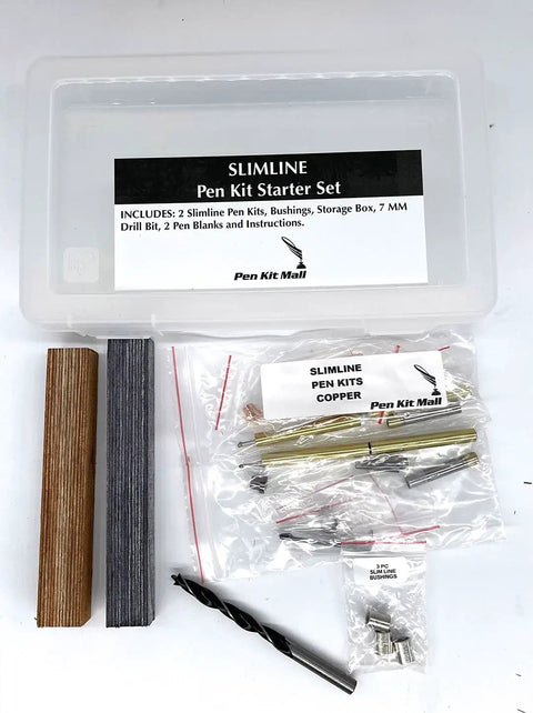 Slimline Pen Kit Starter Set With Case, 7mm Drill Bit, Bushings, And Wood Blocks for Wood Turning Beginners displayed