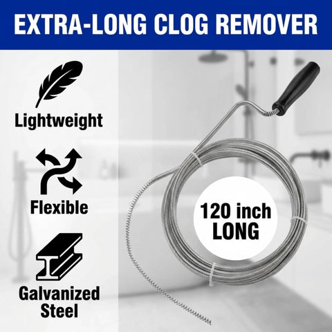 Wipe Out Stubborn Hair Clogs Fast With This Flexible Metal Drain Snake 10 Foot Auger Clears Sink Shower And AC Lines Quick So Your Pipes Run Smooth Every Single Time, showing a 120 inch long flexible galvanized steel auger.