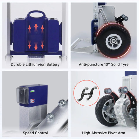 Powerhouse Electric Stair Climbing Dolly Hand Truck With Auto Brake And Four Hundred Sixty Three Pound Capacity For Bulky Gear Moving Up Stairs Without Breaking A Sweat Or Killing Your Back features durable lithium-ion battery, solid 10 inch tire, speed control, and high-abrasive pivot arm.