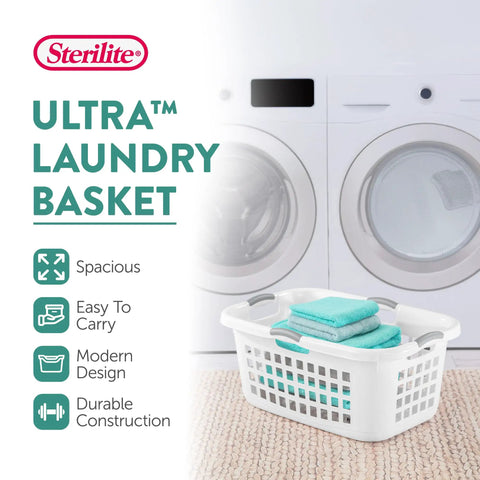 Ultra 2 Bushel Plastic Laundry Hamper Baskets, 6 Pack in White in front of washing machines, shown with folded towels.