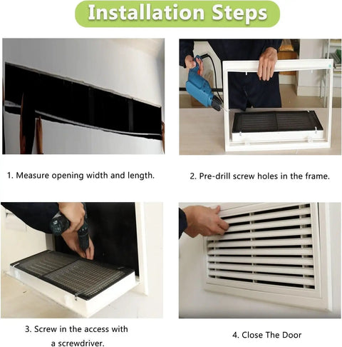 Installation steps for White 16X16 Inch Removable Air Vent Grille Cover With Mesh Louvered Access Panel in drywall.