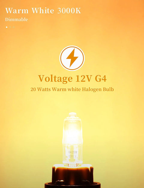 G4 Base Halogen Bulbs 12V 20W T3 Bi Pin Dimmable with Long Life 3000K Warm White shown glowing against orange gradient