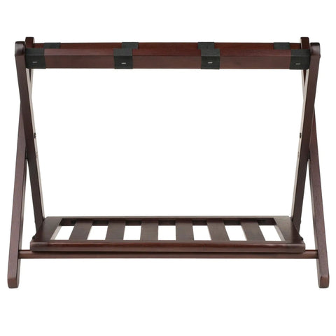 Heavy Duty Foldable Luggage Rack Holds All Your Travel Bags With A Hella Sturdy Frame And A Fresh Cappuccino Finish showing front view of slatted design.