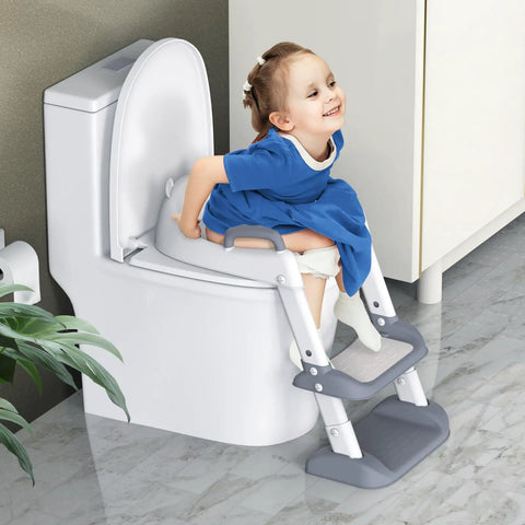 No Stress Toddler Potty Training Seat With Built In Step Stool Ladder And Heavy Duty Safety Handles in use by a child.