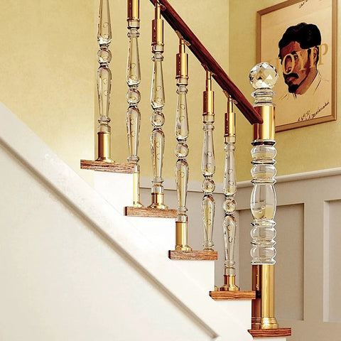 Slick Transparent Acrylic Balusters For Inside Stairs And Deck Railings Featuring Hella Tough Metal Brackets and Flex Install Posts, showcasing elegant clear tubes by staircase.