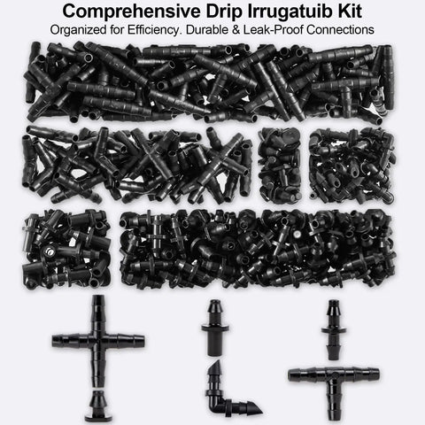 1/4 Inch Drip Irrigation Fittings Kit with barbed connectors, tees, elbows, end plugs, and couplings for garden systems, detailed view.