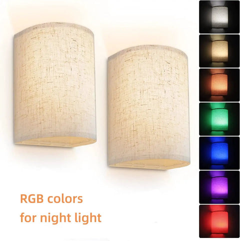 Rechargeable Battery Operated Wall Sconces Two Pack With Remote Control Mood Lighting showing linen fabric shade and RGB colors
