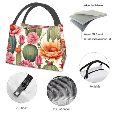 Image of Desert Cactus Flowers Insulated Lunch Bag For Women And Men, Reusable Leakproof Lunch Box Tote with material details.