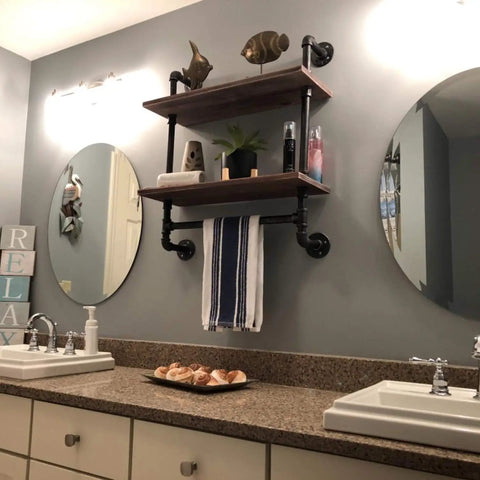 Industrial Rustic Bathroom Shelves Wall Mounted 19.7 Inch Two Tier With Towel Bar above double sink in bathroom