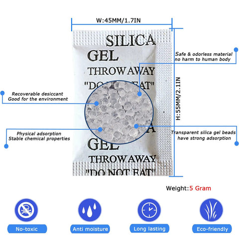 Heavy Duty Silica Gel Packets Serve Killer Moisture Extraction While Keeping Your Essentials Totally Bone Dry Across Humid Regions A Massive Lifesaver That Kills Damp Bag Issues With Minimal Fuss Perfect For Wardrobe Storage Camera Gear, close-up of 5g desiccant sachet with silica beads.