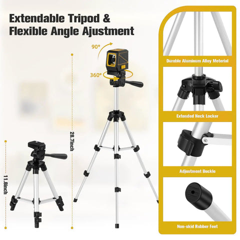 100Ft Green Cross Line Rotary Laser Level With Tripod, 360 Degree Horizontal And Vertical Lines, Self Leveling, Pulse Mode, IP54 Waterproof, Battery Included, Indoor Outdoor Handy Laser Layout Tool For DIYers And Pros. Adjustable aluminum alloy tripod