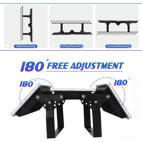 Beefy 300W LED Flood Light Twin Pack With 30000lm Stadium Style Daylight 7000K IP67 showing adjustable angles for mounting