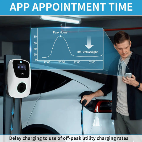 Person using Level 2 EV Charger 240V 48A J1772 Electric Vehicle Charger With NEMA 14-50 Plug And Tesla Adapter App Control RFID Card WiFi 24Ft Cable Indoor Outdoor Fast Charging Station with app appointment feature and utility peak hours graph displayed on a screen.