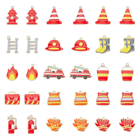 Firefighter Enamel Charms Set 30 Pieces In 15 Styles For DIY Jewelry Making Necklaces And Keychains Fire Truck Helmet Extinguisher