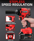 Red and black power drill with stepless speed control, lithium battery display, and ergonomic grip held by a hand.
