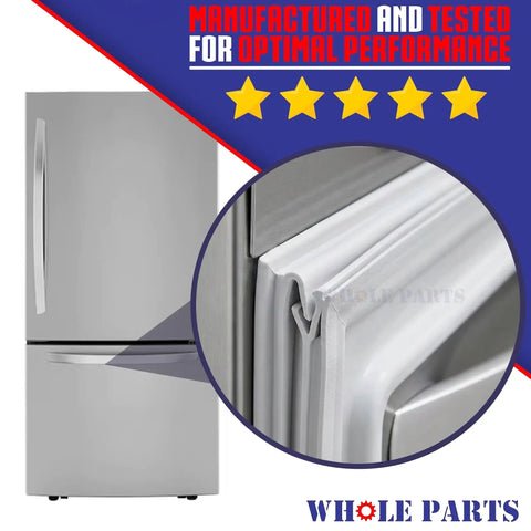Close-up of Upgraded Refrigerator Door Gasket For Freezer Door With Magnetic Strip Inside W10443315 Replacement Part Compatible With Amana Jenn Air Kenmore KitchenAid Maytag Whirlpool Refrigerators Easy Install Durable Seal No Brainer Upgrade showing gasket detail on refrigerator.