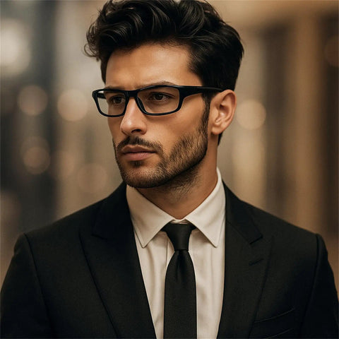 Man wearing Multifocal Reading Glasses With Photochromic Lenses For Indoor Reading And Outdoor Use Adjustable Frame in black