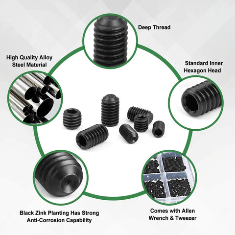 1305-Piece Set Screw Kit With 26 Sizes, Metric M3 To M8 And SAE 1/8-40 To 5/16-18 Internal Hex Headless Allen Screws
