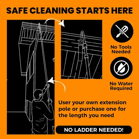 Illustration of Gutter Cleaning Tool Attachment No Ladder Needed That Unclogs Downspouts From The Ground Flexible Clog Remover in use
