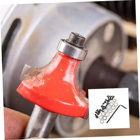 Router Bit Replacement Bearings Kit With Ball Bearings, Top Mounted Guide Screws and Wrench for Rabbet Bushing shown in use