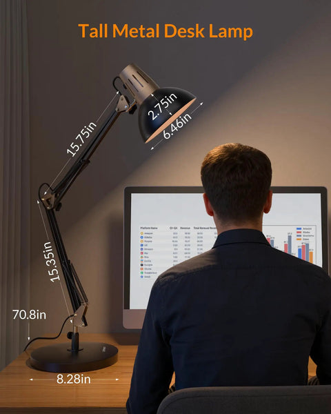 Rock Solid Metal Desk Lamp With Swing Arm And Clamp For Home Office Reading Light Mounted beside a computer on a desk.