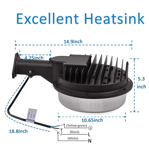 Powerful 120W LED Barn Light With Dusk To Dawn Photocell, side view showing heatsink and dimensions for outdoor security lighting
