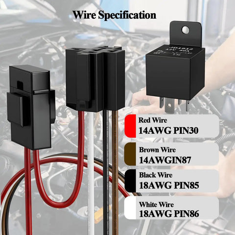 12V Car Electric Fan Relay Kit With 40 Amp Relay wire specifications display with red, brown, black, and white wires labeled by gauge.