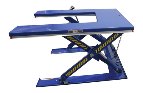 Heavy Duty Electric U Shaped Pallet Lift Table, 3000 Lb Capacity, Blue Powder Coated Steel Frame, side view showing sturdy design.