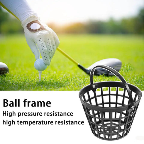 Portable Golf Ball Basket With Handle Holds Up To 50 Balls, Black Ball Bucket For Practice And Range Training beside golf setup