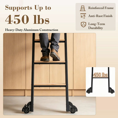 Rolling Library Ladder With Six Point Six Foot Sliding Track And Ninety Six Inch Telescoping Aluminum Ladder On Wheels With Handrail For Bookshelves Loft And Closet Space Saving Rail Mounted Design Heavy Duty Yet Lightweight, 450 lbs capacity