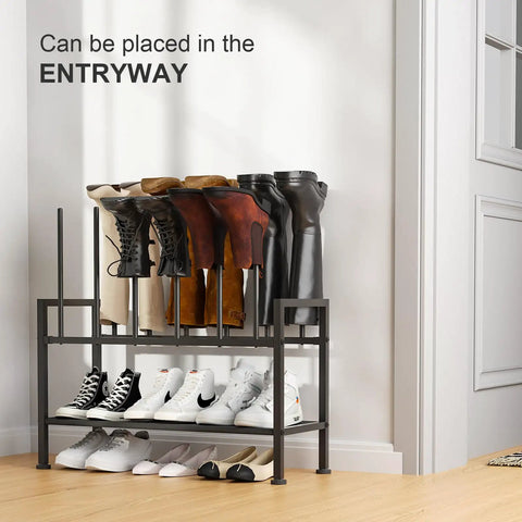 Free Standing Boot Rack With Upside Down Design, Heavy Duty Black Metal Shoe Organizer For Knee High Boots And Sneakers to organize footwear in entryway.