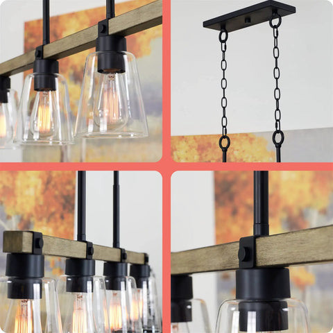 Close-up of Asher 34-Inch 4-Light Farmhouse Kitchen Island Light with smoked birch finish, glass shades, and black accents.