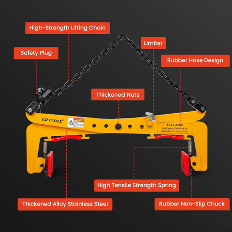 Heavy Duty Granite Slab Lifter 1100 Lb Capacity showing high-strength chain, safety plug, and yellow alloy frame.