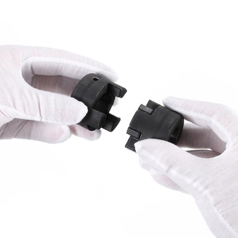 Flexible Three Piece L Jaw Coupling Set For Half Inch To One And One Eighth Inch Shafts With Buna N NBR Rubber Spider displayed in hands
