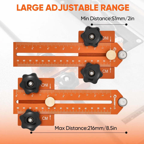 Thin Rip Jig Table Saw Guide, orange aluminum ruler with black knobs, fits 3/8 x 3/4 in T-slot.
