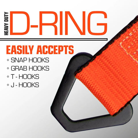 Rough And Ready Heavy Duty Car Tie Down Axle Straps D-Ring accepts various hooks for secure heavy load transport.