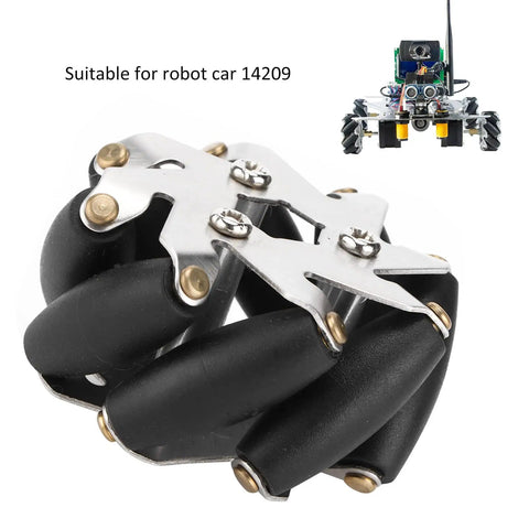 Close-up of 48mm steel mecanum wheel with 8 TPR rollers, compatible with robot car model 14209, showing omni-directional design.