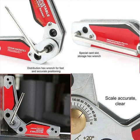 Rock Solid Magnetic Welding Positioner With Smooth 20 To 200 Degree Adjustments showing hex wrench and accurate scale for metal fabrication.