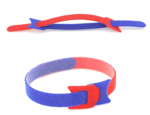 100 Pack Reusable Hook And Loop Cable Ties 8 Inch Long, red and blue fabric ties shown in flat and looped positions