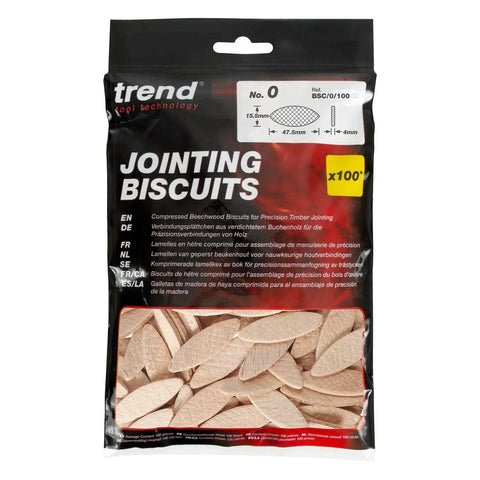 Top Shelf Beechwood Joining Biscuits Pack Of One Hundred No Zero Size for woodworking in a clear plastic bag showcasing biscuit design.