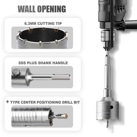 2.5 Inch Concrete Hole Saw With SDS Plus Shank And 220mm Connecting Rod, 6.3mm Tungsten Carbide Tip With Center Bit