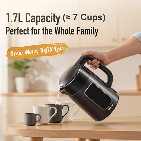 Person pouring from Electric Kettle 1.7L With Clear Touch Screen Temperature Control, No Plastic Contact With Water, Six Preset Temperatures For Tea Coffee Baby Formula, Keep Warm Up To Two Hours, Auto Shut Off, Dark Grey into cups.