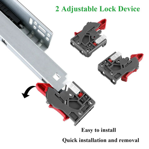 Slick Six Pack Of 16 Inch Soft Close Undermount Full Extension Drawer Slides featuring adjustable lock devices for easy installation.